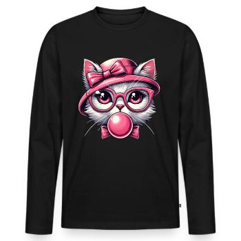 Chat à lunettes, chaton, chewing-gum, kawaii - T-shirt manches longues Premium bio Homme - noir - Devant - Nico (187cm)