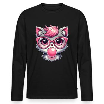 Chat à lunettes, chaton, chewing-gum, kawaii - T-shirt manches longues Premium bio Homme - noir - Devant - Nico (187cm)