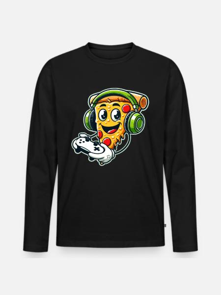 Gaming, Video Gamer, Zocker, Pizza & Controller - Männer Premium Bio Langarmshirt - Schwarz