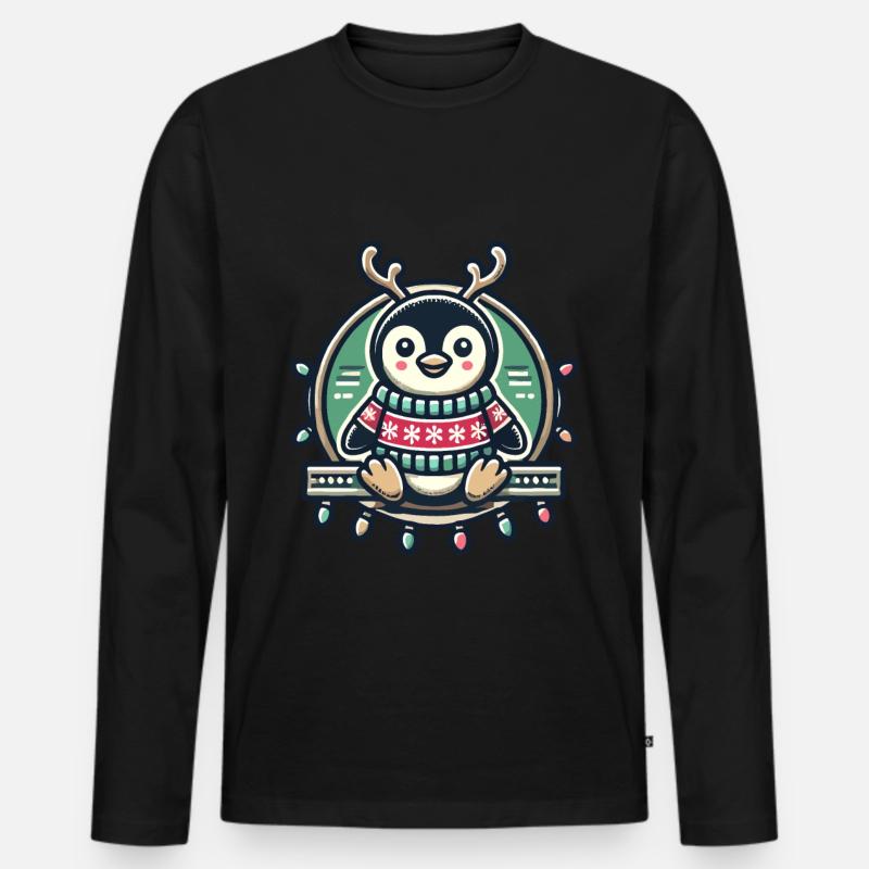 Fröhlicher Pinguin Mit Rentiergeweih Und - Männer Premium Bio Langarmshirt - Schwarz