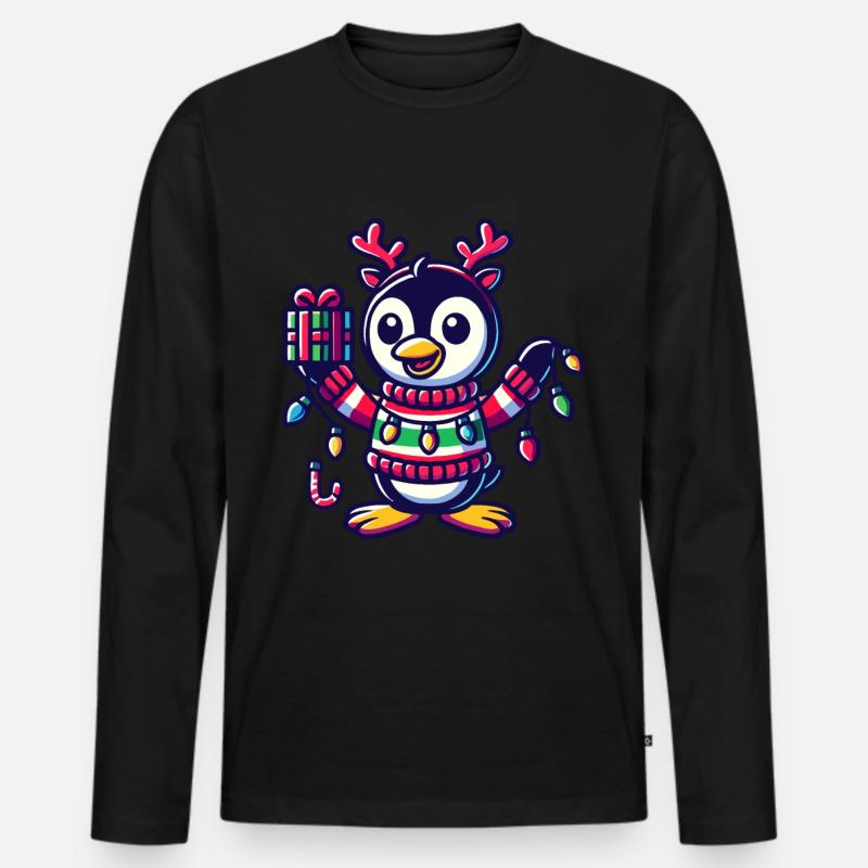 Fröhlicher Pinguin Mit Weihnachtslichtern - Männer Premium Bio Langarmshirt - Schwarz