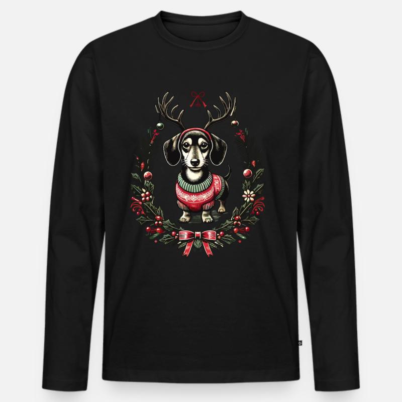 Fröhlicher Dackel Im Weihnachtspullover - Männer Premium Bio Langarmshirt - Schwarz