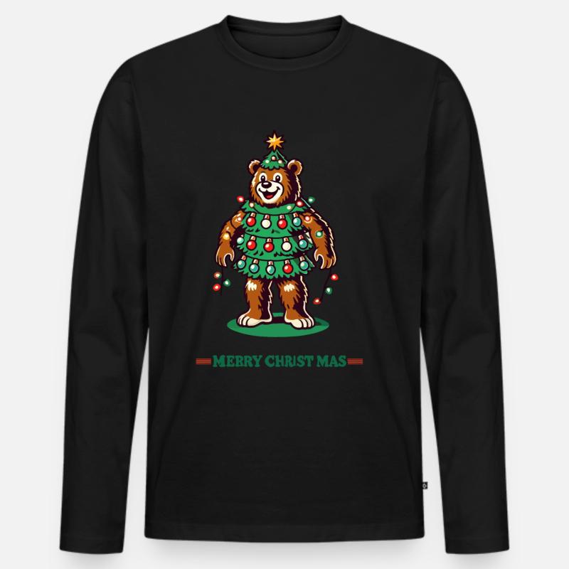weiFröhlicher Weihnachtsbär Mit Lichterkette - Männer Premium Bio Langarmshirt - Schwarz
