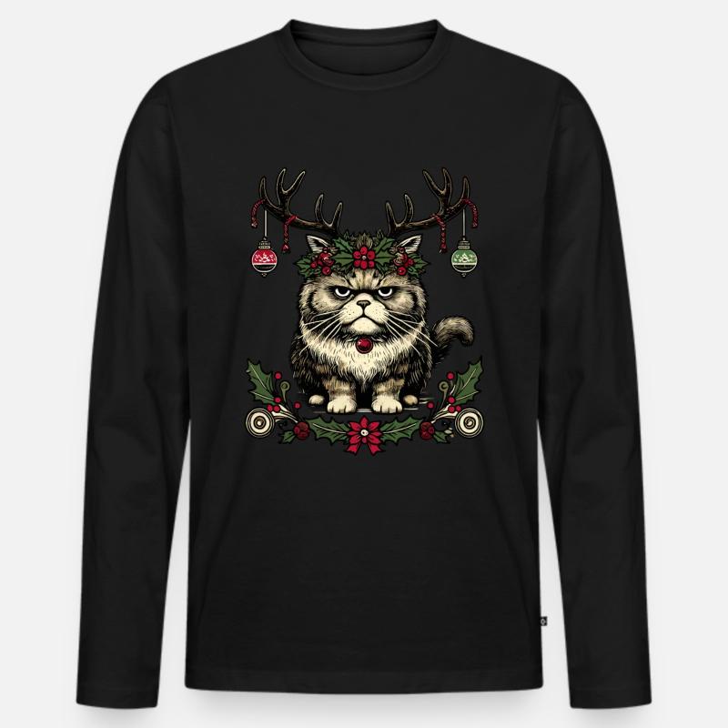 Weihnachtliche Katze Mit Geweih - Männer Premium Bio Langarmshirt - Schwarz
