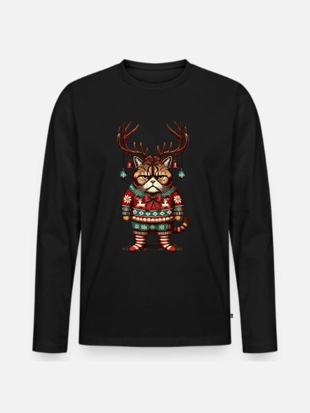 Grumpy Christmas cat with antlers - Men's Premium Organic Long Sleeve Shirt - black