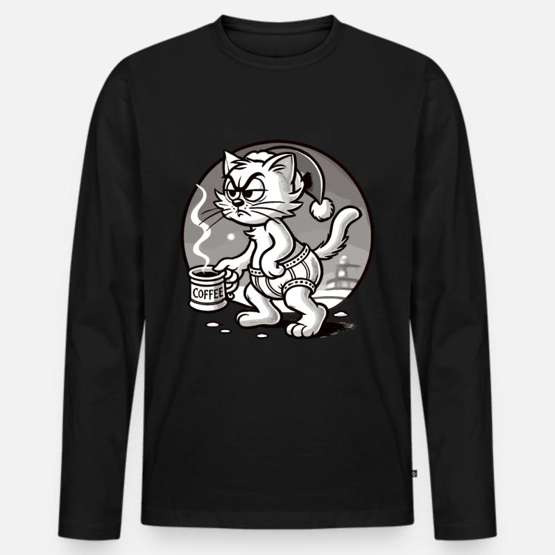 Mürrische Katze Mit Kaffee Weihnachten - Männer Premium Bio Langarmshirt - Schwarz