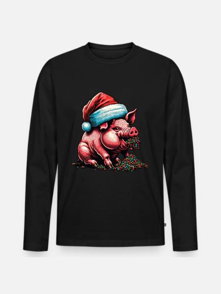 Christmas Pig with Hat - Men's Premium Organic Long Sleeve Shirt - black