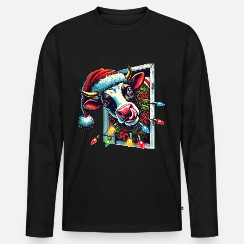 Lustige Weihnachtskuh Mit Lichtern - Männer Premium Bio Langarmshirt - Schwarz