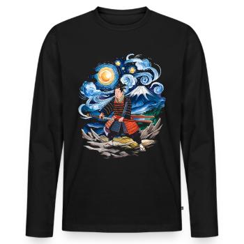 Nuit étoilée Ronin Mont Fuji Japonais - T-shirt manches longues Premium bio Homme - noir - Devant - Nico (187cm)