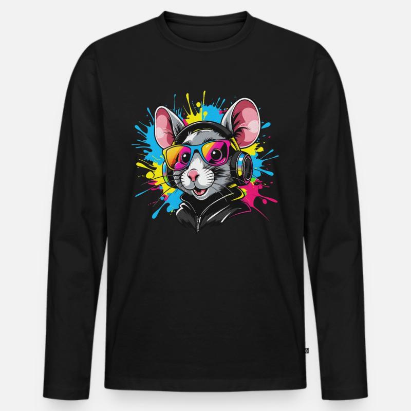 Ratte mit Kopfhörer - Männer Premium Bio Langarmshirt - Schwarz