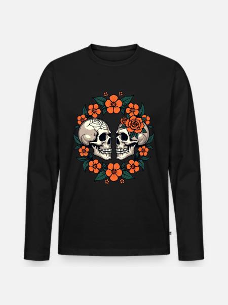 Dødningehoveder og blomster Mørk Æstetisk Blomster - Premium økologisk langærmet T-shirt til mænd - sort