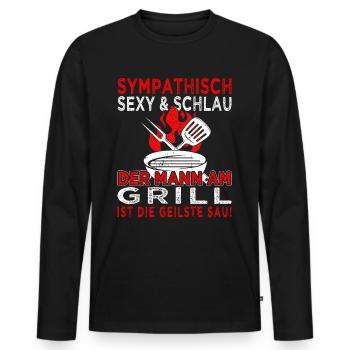 Der Mann am Grill - Fleisch - Grillen - Steak - Männer Premium Bio Langarmshirt - Schwarz - Vorne - Nico (187cm)