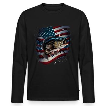 La pêche et un drapeau américain - Achigan à grande bouche - T-shirt manches longues Premium bio Homme - noir - Devant - Nico (187cm)