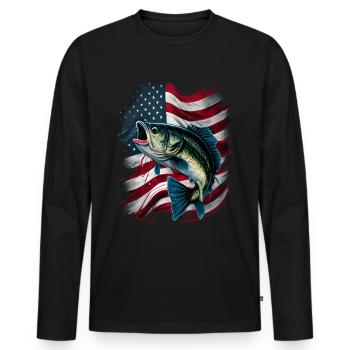 La pêche et un drapeau américain - Achigan à grande bouche - T-shirt manches longues Premium bio Homme - noir - Devant - Nico (187cm)