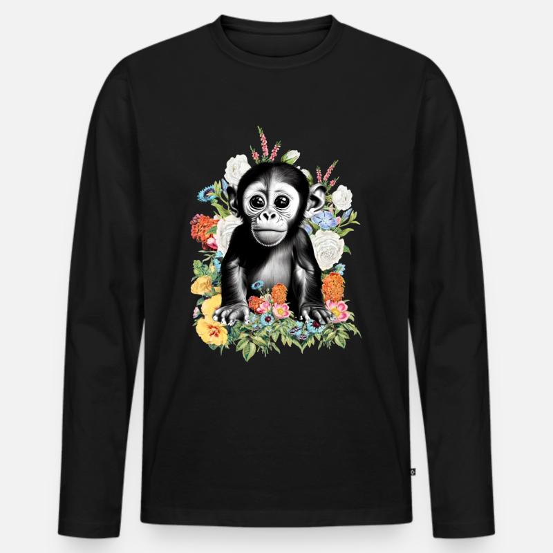 Affe Blumen - Männer Premium Bio Langarmshirt - Schwarz
