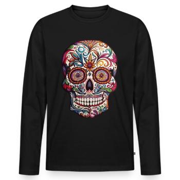Tête de Mort Colorée style Mexicain - T-shirt manches longues Premium bio Homme - noir - Devant - Nico (187cm)