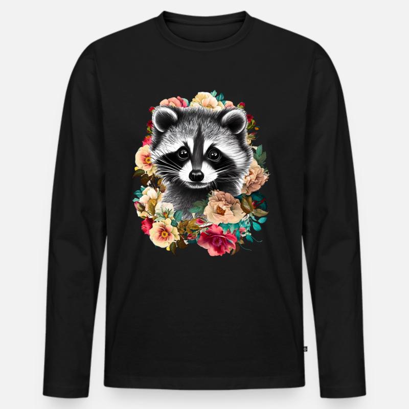 Waschbär Blumen - Männer Premium Bio Langarmshirt - Schwarz