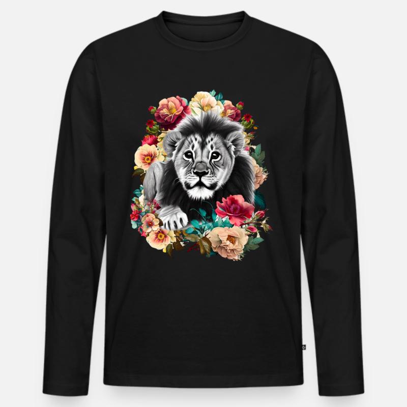 Löwe Blumen - Männer Premium Bio Langarmshirt - Schwarz