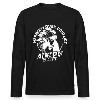 Harmony Over Conflict Aikido Is Life - Men's Premium Organic Long Sleeve Shirt - black - Front - Nico (187cm)