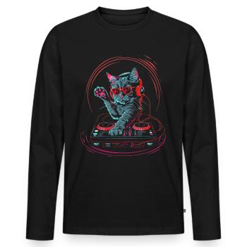 DJ Katze mit Kopfhörer und Sonnenbrille | DJ Cat - Männer Premium Bio Langarmshirt - Schwarz - Vorne - Nico (187cm)