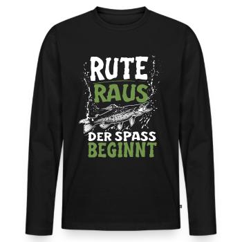 Rute Raus und der Spass beginnt - Fischer Anglner - Männer Premium Bio Langarmshirt - Schwarz - Vorne - Nico (187cm)