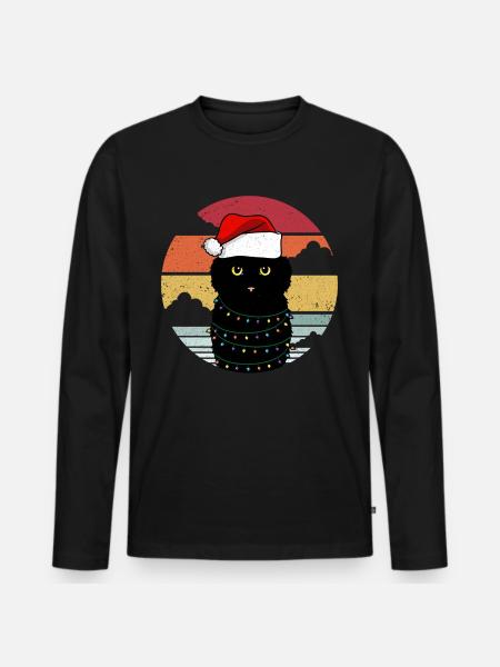 Weihnachtskatze mit Weihnachtslichtern - Männer Premium Bio Langarmshirt - Schwarz