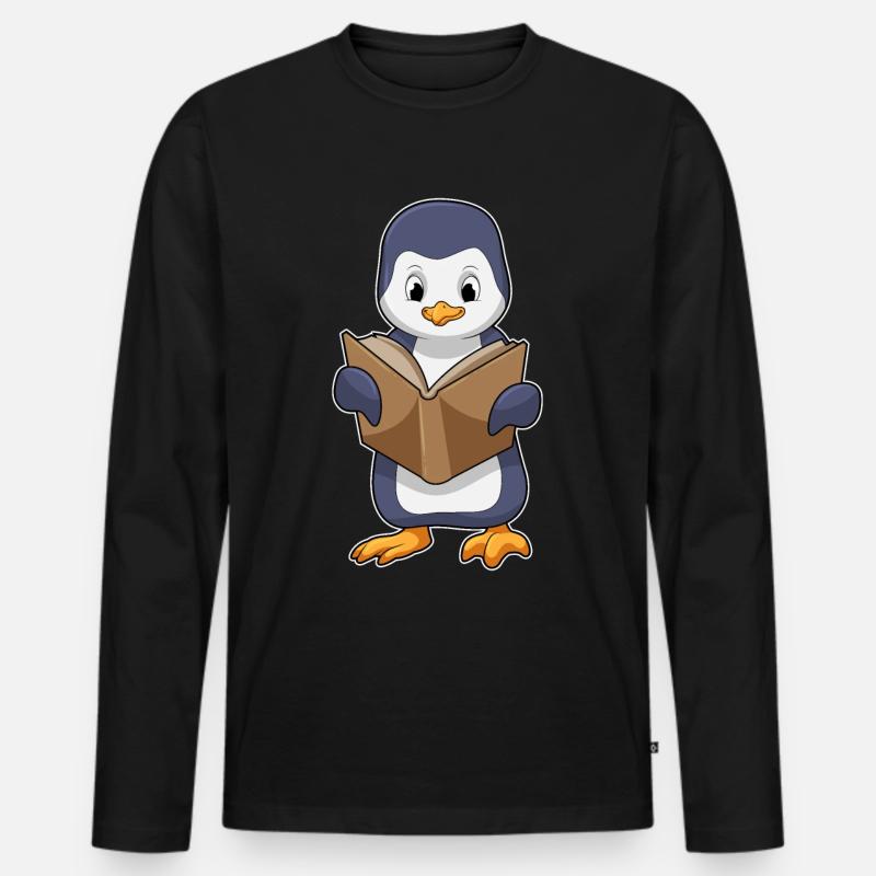 Pinguin als Nerd mit Buch - Männer Premium Bio Langarmshirt - Schwarz