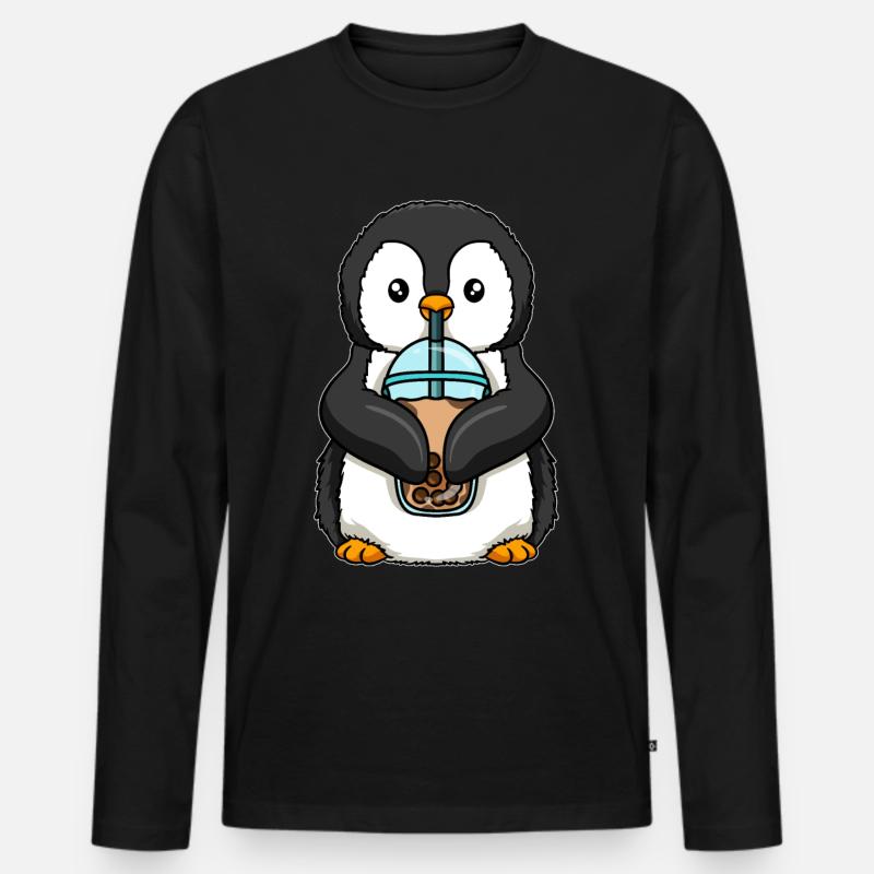 Pinguin trinkt Bubble Tea - Männer Premium Bio Langarmshirt - Schwarz