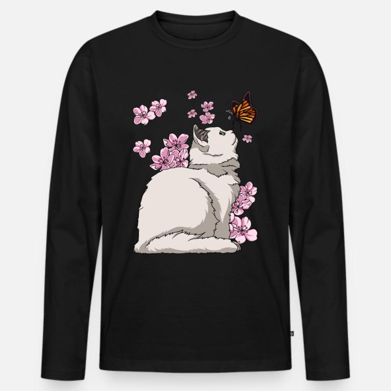 Japanese Cherry Blossom Katze - Männer Premium Bio Langarmshirt - Schwarz