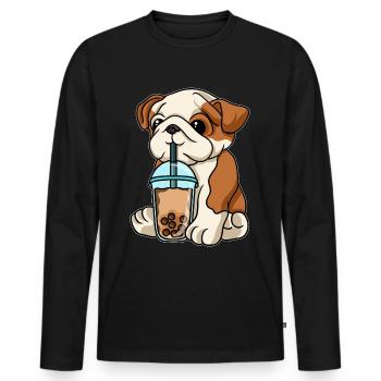 English Bulldog drinks Bubble Tea - Men's Premium Organic Long Sleeve Shirt - black - Front - Nico (187cm)