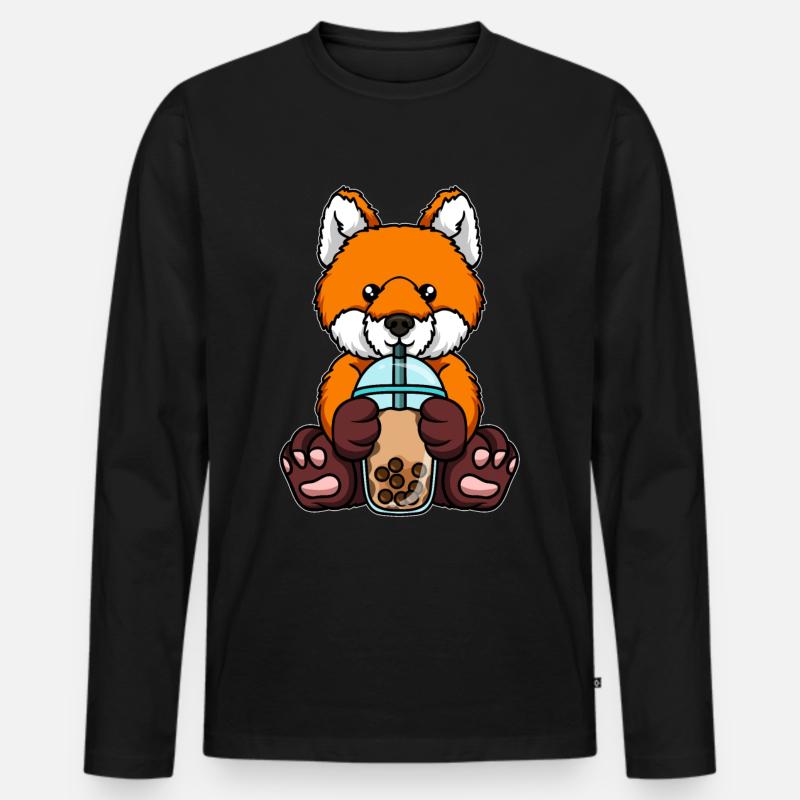 Fuchs trinkt Bubble Tea - Männer Premium Bio Langarmshirt - Schwarz