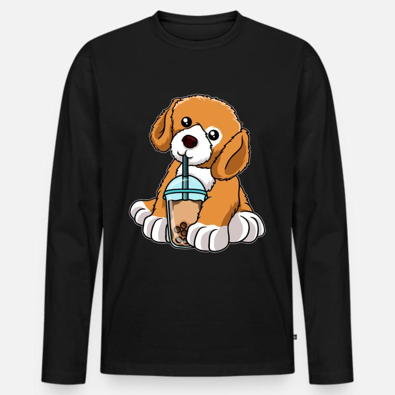 Kawaii Bubble Tea Hund - Männer Premium Bio Langarmshirt - Schwarz