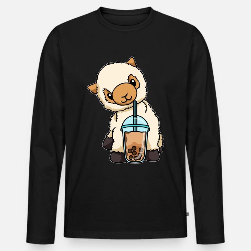 Kawaii Bubble Tea Lama - Männer Premium Bio Langarmshirt - Schwarz