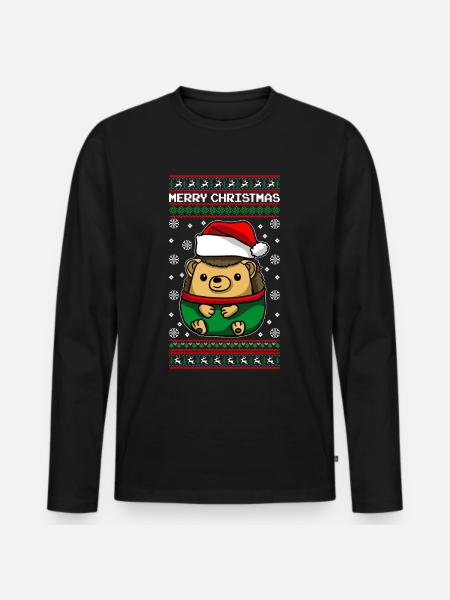 Igel mit Ugly Christmas Sweater - Männer Premium Bio Langarmshirt - Schwarz
