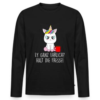 Ey ganz ehrlich? Halt die Fresse - Männer Premium Bio Langarmshirt - Schwarz - Vorne - Nico (187cm)