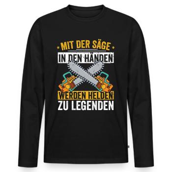 MIt der Säge in den Händen werde ich zu Legende - Männer Premium Bio Langarmshirt - Schwarz - Vorne - Nico (187cm)