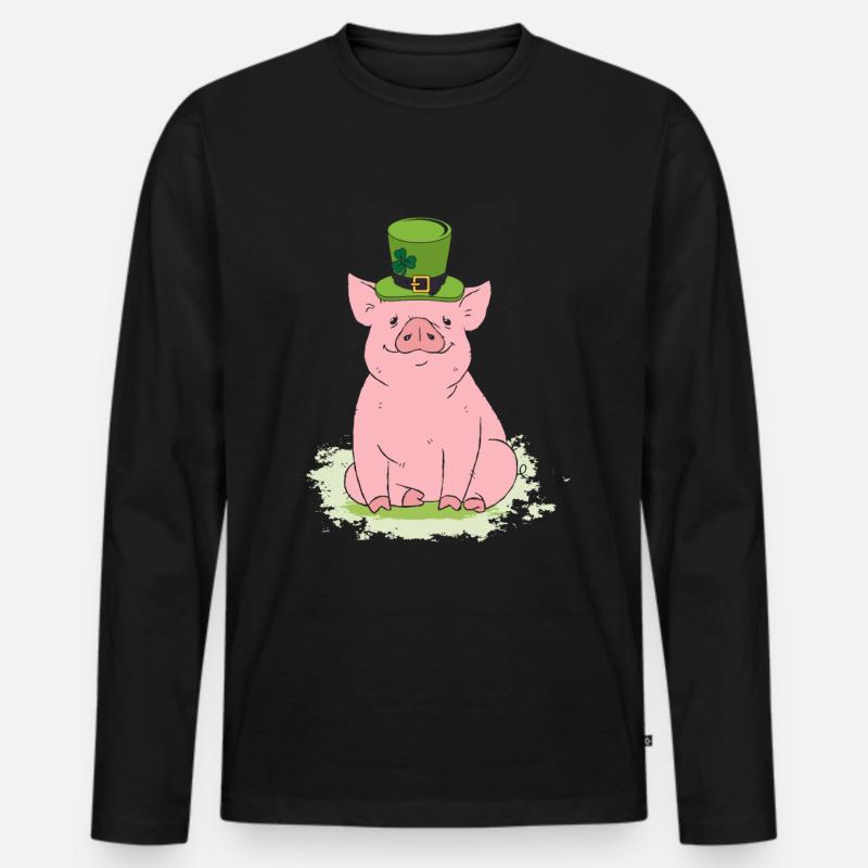 Glücksschwein mit Zylinder und Kleeblatt - Männer Premium Bio Langarmshirt - Schwarz