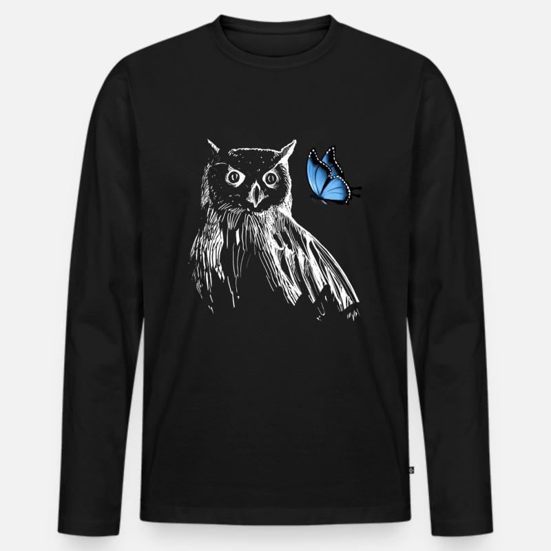 Eule mit Schmetterling - Männer Premium Bio Langarmshirt - Schwarz