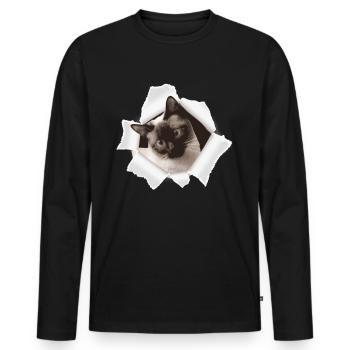 Cute kitten looks out of a hole - Men's Premium Organic Long Sleeve Shirt - black - Front - Nico (187cm)