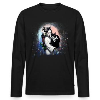 geisha mit katze,katze,geisha,anime,kawaii - Männer Premium Bio Langarmshirt - Schwarz - Vorne - Nico (187cm)