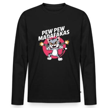 Pew Pew Madafakas - Chat de dessin animé cool - T-shirt manches longues Premium bio Homme - noir - Devant - Nico (187cm)