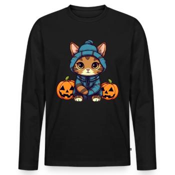 Mignon chat d’Halloween et citrouilles - T-shirt manches longues Premium bio Homme - noir - Devant - Nico (187cm)
