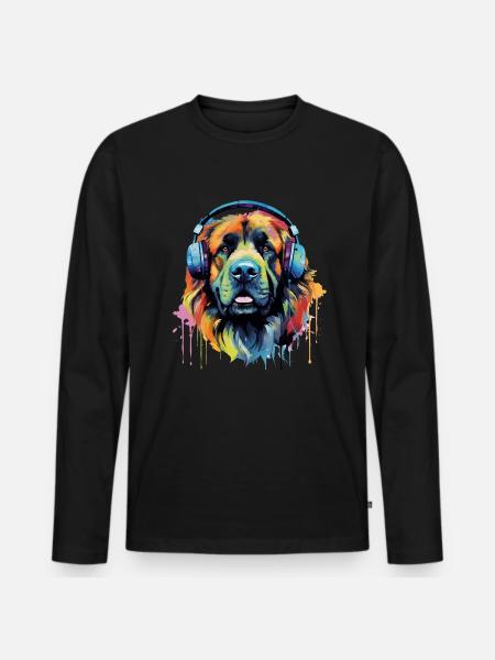 Bunter Leonberger mit Kopfhörer - Männer Premium Bio Langarmshirt - Schwarz