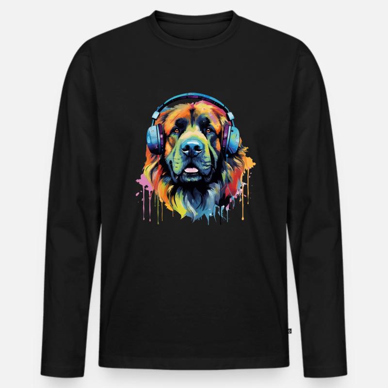 Bunter Leonberger mit Kopfhörer - Männer Premium Bio Langarmshirt - Schwarz