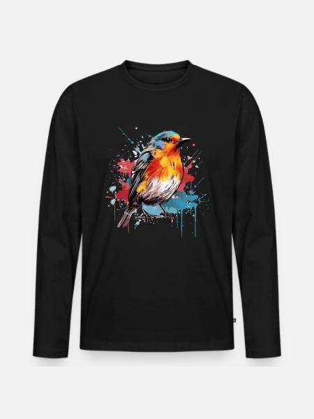 Buntes Rotkehlchen Farbkleckse Farbspritzer - Männer Premium Bio Langarmshirt - Schwarz