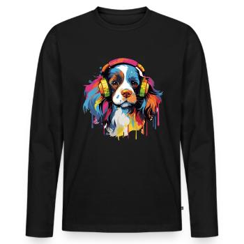 Bunter King Charles Spaniel mit Kopfhörer - Männer Premium Bio Langarmshirt - Schwarz - Vorne - Nico (187cm)