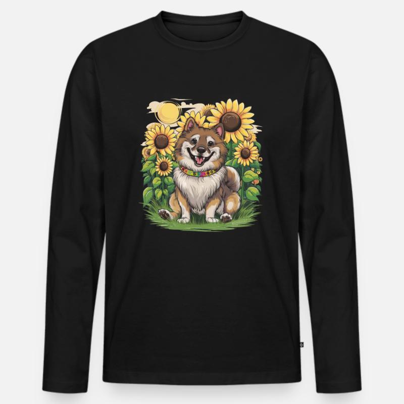 Niedlicher Wolfsspitz mit Sonnenblumen. - Männer Premium Bio Langarmshirt - Schwarz