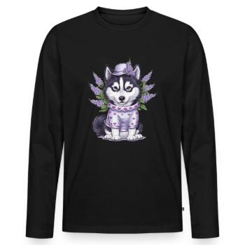 Cute cartoon husky with lilac - Men's Premium Organic Long Sleeve Shirt - black - Front - Nico (187cm)
