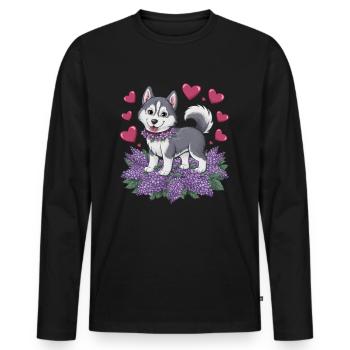 Cute cartoon husky with lilac - Men's Premium Organic Long Sleeve Shirt - black - Front - Nico (187cm)