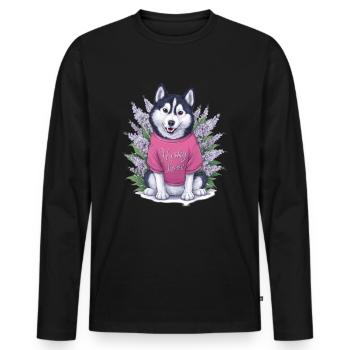 Cute cartoon husky with lilac - Men's Premium Organic Long Sleeve Shirt - black - Front - Nico (187cm)